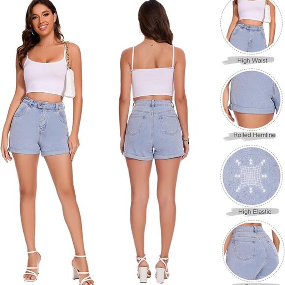 Denim Shorts Women Stretchy High Waisted Fold Hem Jean Shorts - Picture 4 of 6